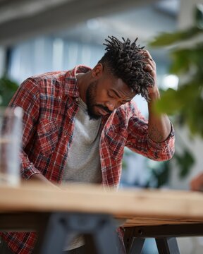 Clumsy Man Bumping Head Under Table - Natural Candid Expression of Painful Mishap