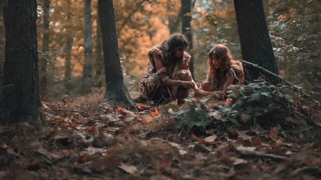 Aboriginal women in forest setting with autumnal trees and fallen leaves.
