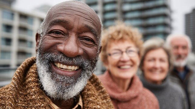 Group of joyful seniors enjoying a sunny day in an urban park