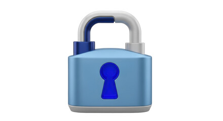 Isolated blue metallic padlock, security device for secure locking, protection and safety