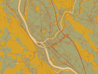 Fototapeta premium Vector-style flat map of Hallein, Austria with sage green ground with rust-red roads and ochre accents.