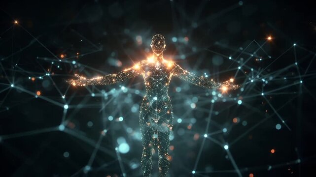 3D digital rendering of a human figure with glowing particles and lines, set against a dark background with a bokeh effect. The figure is composed of a series of interconnected lines and dots.