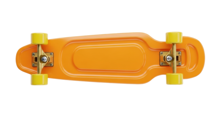 Isolated yellow skateboard or cruiserboard viewed from above, ready for action and adventure