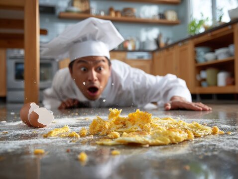 Kitchen Mishap - Chef's Shocked Reaction as Omelet Flips onto Floor, Realistic Culinary Scene with Detailed Kitchen Background