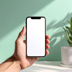 Man's hand holding a phone, white screen clipping path