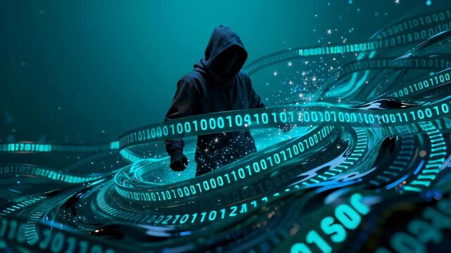 Hooded figure navigates binary code streams in seamless loop. Mysterious hacker moves through digital cyberspace with sparkling data particles. - Powered by Adobe