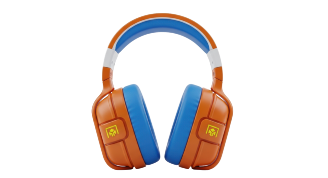 Isolated kid-sized orange and blue headphones for gaming or listening to music or educational audio