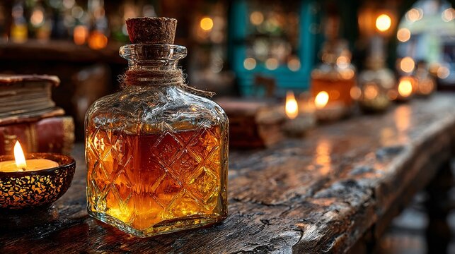Mysterious glass potion bottle filled with amber liquid on a cozy bar counter