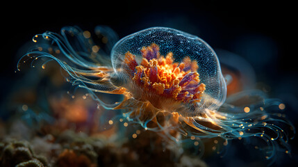 Deep ocean abyss illuminated by glowing marine creatures in surreal colors 