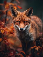A clever fox with bright inquisitive eyes and a bushy tail stands alert in a vibrant autumn forest surrounded by fallen leaves