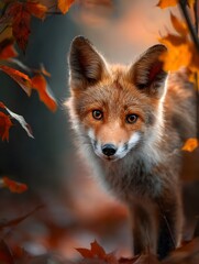 A red fox with inquisitive eyes stands alert in a rustic autumn woodland surrounded by colorful fallen leaves showcasing its bushy tail