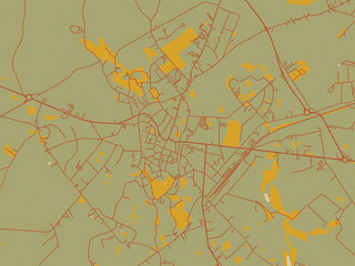 Decorative flat city map of Binche, Belgium using sage green ground with rust-red roads and ochre accents.
