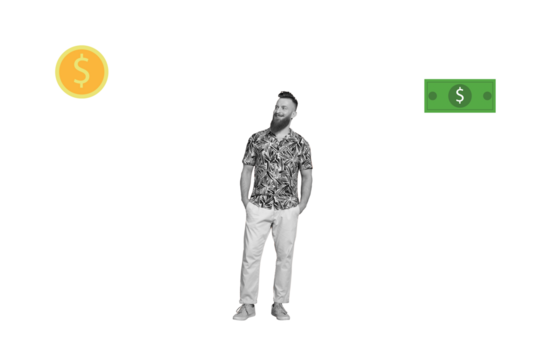 Composite artwork 3D photo collage trend template of earnings bank cash banknote trade market young guy businessman stand mind cloud