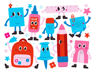 Fototapeta premium Cute fancy school supplies characters with charming friendly faces childish hand drawn composition
