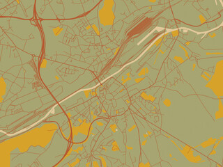 Stylized minimalist map of Chatelet, Belgium in olive backdrop with warm rust street network and ochre blocks.