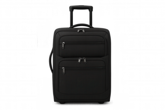 Black travel suitcase on wheels, ready for departure, representing vacation, journey, and airport concepts
