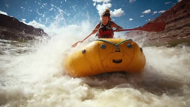 Aerial view of a woman white water rafting on a river with rapids and cliffs in the background.