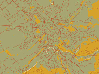Contemporary flat map of Eupen, Belgium design with muted sage base, rust-colored roads, and soft ochre highlights.