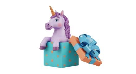 Isolated Unicorn toy popping out of a colorful present box with decorative ribbon bow tie