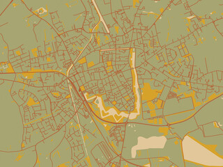 Graphic flat color map of Ieper, Belgium in sage green ground with rust-red roads and ochre accents.