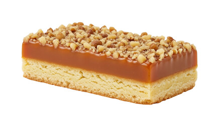 Isolated Carmelita dessert bar, shortbread, caramel, nuts, chocolate chip cookie, rectangle