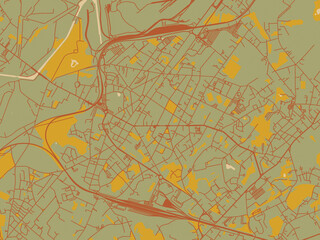 Abstract flat-design map of La Louviere, Belgium, featuring olive backdrop with warm rust street network and ochre blocks.
