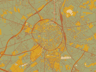 Graphic flat color map of Leuven, Belgium in muted sage base, rust-colored roads, and soft ochre highlights.
