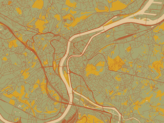 Flat painterly map of Liege, Belgium in olive backdrop with warm rust street network and ochre blocks.