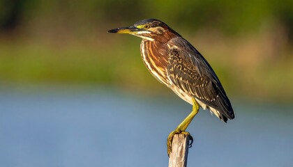 Fototapeta premium A small green heron perched on a wooden post over water