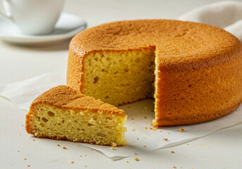 Captivating golden toddy palm cake, a sweet Asian dessert, with a perfectly cut slice presented on pristine parchment paper.