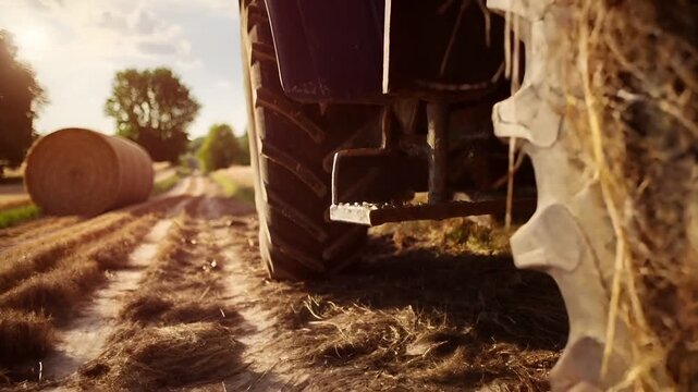 A closeup shot of a tractors tire and hay bale on a rural road. The tractor is parked on a dirt path surrounded by a field of straw.