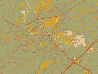 Vector-style flat map of Lokeren, Belgium with olive backdrop with warm rust street network and ochre blocks.