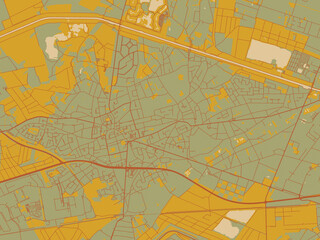 Minimalist flat city map of Lommel, Belgium with sage/olive tone field with rust networks and ochre shapes, cream water.