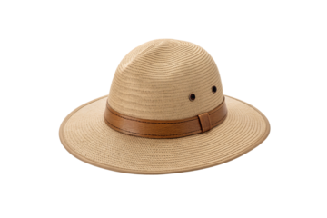 Natural straw pith helmet with brown leather band, traditional safari style hat, wide brimmed protection, isolated on a transparent background