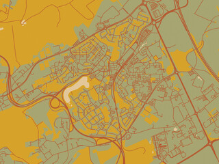 Vector-style flat map of Louvain-La-Neuve, Belgium with olive backdrop with warm rust street network and ochre blocks.