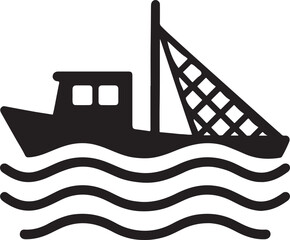 Modern fishing boat silhouette icon with net lines and stylized sea waves vector design.