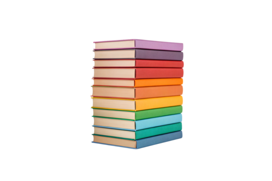 Colorful stacked rainbow books with cream pages, vibrant educational reading material, knowledge and learning symbol, isolated on a transparent background
