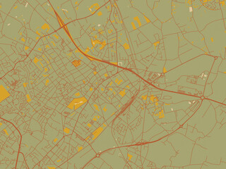 Vector-style flat map of Mouscron, Belgium with sage/olive tone field with rust networks and ochre shapes, cream water.