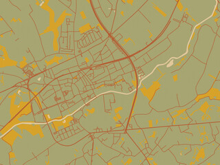 Graphic flat color map of Ninove, Belgium in olive backdrop with warm rust street network and ochre blocks.