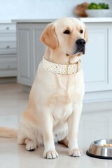 Cute Labrador retriever sitting near food bowl in bright modern kitchen, cozy pet lifestyle concept