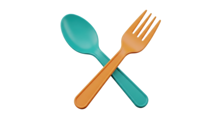 Isolated fork and spoon crossed, kids tableware or picnic cutlery for camping and food serving