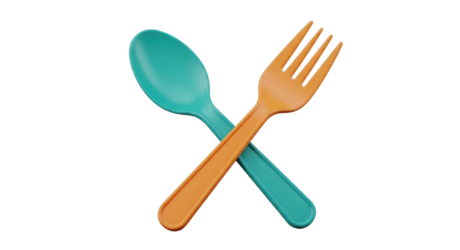 Isolated fork and spoon crossed, kids tableware or picnic cutlery for camping and food serving