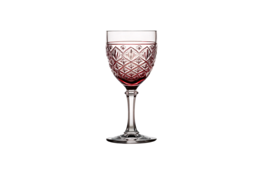 Red wine filled decorative goblet with diamond cut crystal pattern isolated on a transparent background