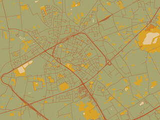 Stylized minimalist map of Sint-Niklaas, Belgium in earthy sage background with rust roadways and ochre details.