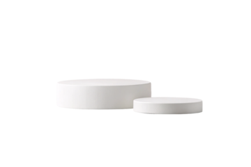 Two white cylindrical podiums different heights modern product display, isolated on a transparent background