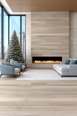 Bright minimalist living room with fireplace, christmas tree and panoramic windows, cozy modern winter home