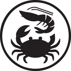 Vector crab and shrimp silhouette design forming an elegant seafood-themed badge.