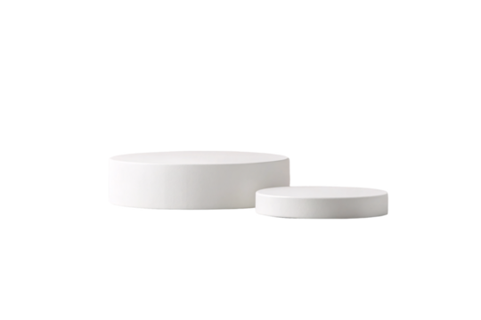 Two white cylindrical podiums different heights modern product display, isolated on a transparent background
