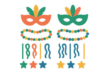 Fototapeta premium Traditional Mardi Gras carnival masks, colorful beads, streamers, and decorative stars