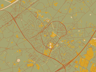 Decorative flat city map of Waregem, Belgium using muted sage base, rust-colored roads, and soft ochre highlights.